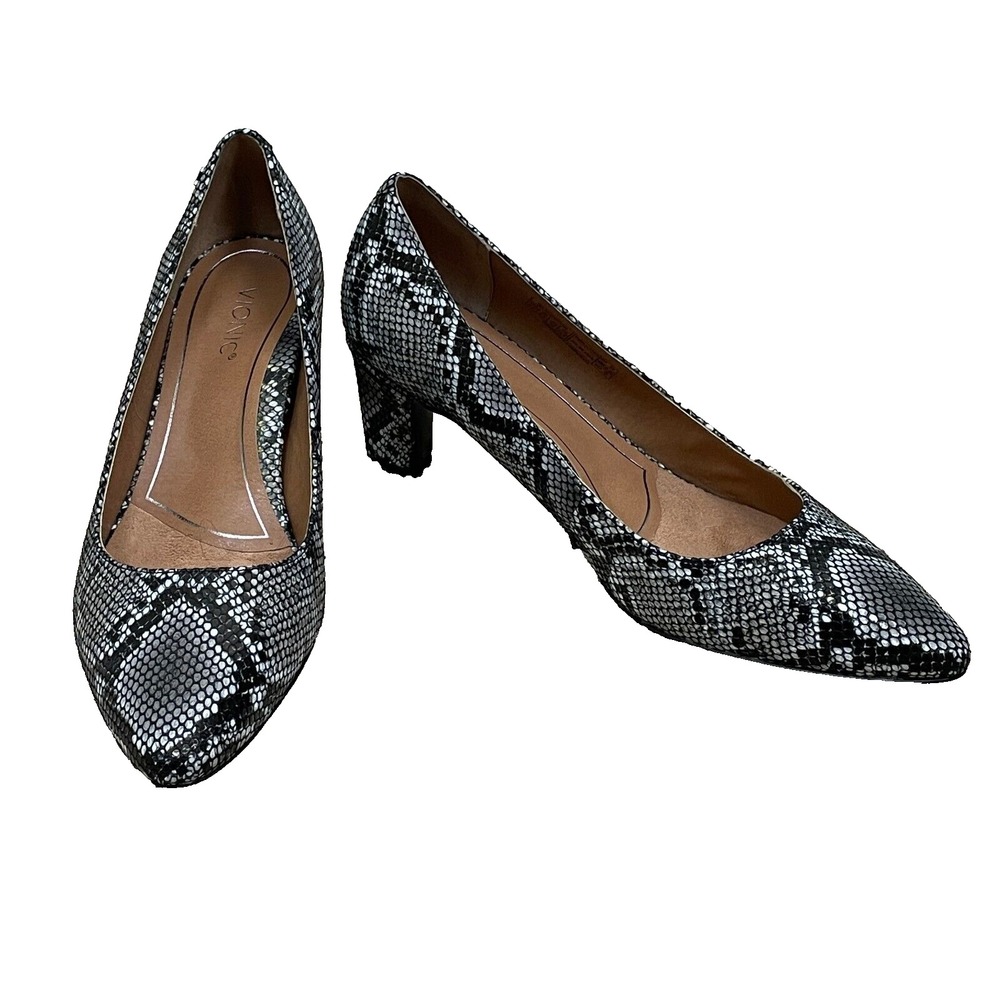 Vionic Black and White Snake Print Mid Heel Pumps